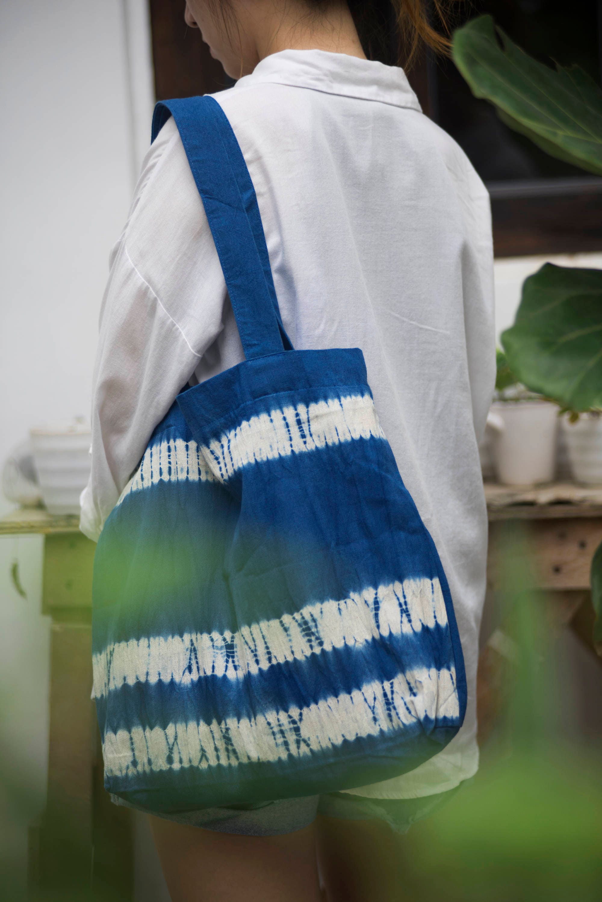 Indigo Tie Dye Cotton Tote Bag Stripe Handmade Shoulder | Etsy