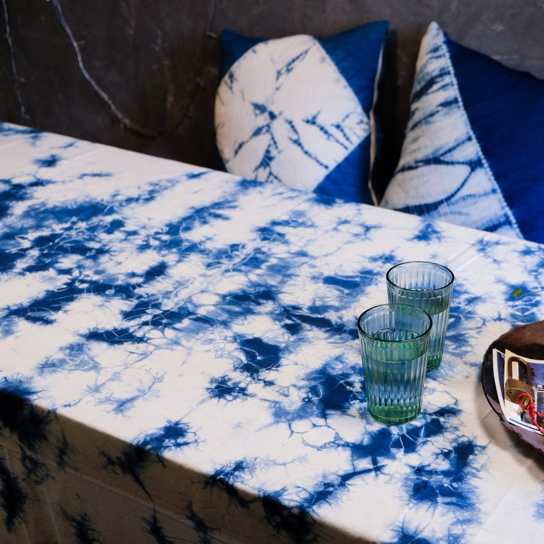 Indigo tie dye tablecloth, natural dyed dining tablecloth, bohemian throw, wall hanging, boho, indigo blue, Chinese, Japanese style image 1