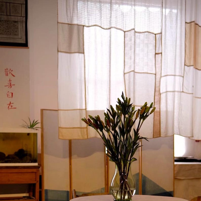 Tea-Dyed Linen Silk Curtains: Patchwork Chinoiserie, Japanese Style