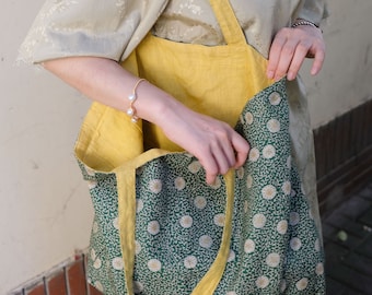 Two sided Tote Bag, plant dye linen, Oriental pattern, double side use, Handmade, Shoulder Bag, Shopping Bag, Canvas Tote Bag, Large bag