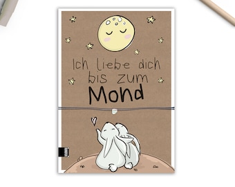 Ich liebe dich bis zum Mond - Geschenkkarte mit Hase, Spruch und Mondstein-Armband für Kinder und Erwachsene | Geburtstag, Ostern, Familie