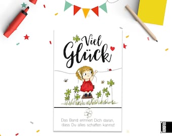 Good luck! Sweet A6 greeting card with a bracelet and clover leaf pendant | A cheerleading and lucky charm gift for children and adults.