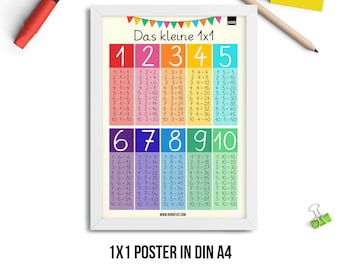 May include: A colorful multiplication chart poster with the title "Das kleine 1x1" and the numbers 1 through 10 in rainbow colors. The poster includes multiplication tables for each number from 1 to 10. The poster is printed on white paper and has a white frame. The poster is labeled "1x1 Poster in DIN A4".