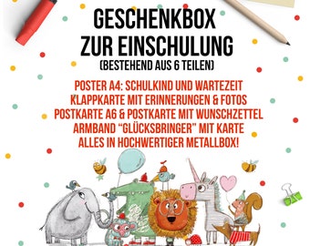 Geschenkbox zur Einschulung mit 6 Teilen für Mädchen und Jungs - Vorschulkinder Schulstart mit Tieren genderneutralen Farben - Schulanfang