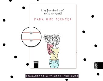 Mutter-Tochter Armband mit illustrierter Karte - Rosa Band und Herz - verschenken Geburtstag,Muttertag,Mama Geburtstag - A6 Postkarte