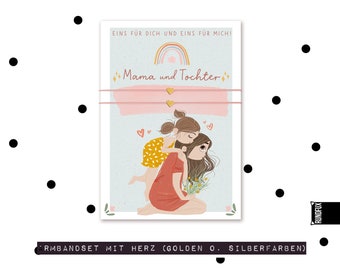 Boho Stil Mutter-Tochter Armband mit illustrierter Karte - Rosa Band und Herz - verschenken Geburtstag,Muttertag,Mama Geburtstag - A6