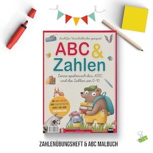 May include: A colourful book cover featuring a cartoon bear carrying books. The title is "ABC & Zahlen" and the subtitle is "Lerne spielerisch das ABC und die Zahlen von 0-10".