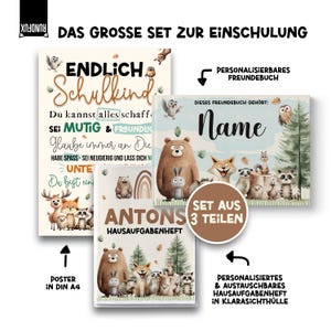 Könnte beinhalten: Ein Set aus drei Schulmaterialien mit Illustrationen von Waldtieren. Enthält ein Poster, ein personalisiertes Freundebuch und ein Hausaufgabenheft. Das Set hat ein farbenfrohes, verspieltes Design.