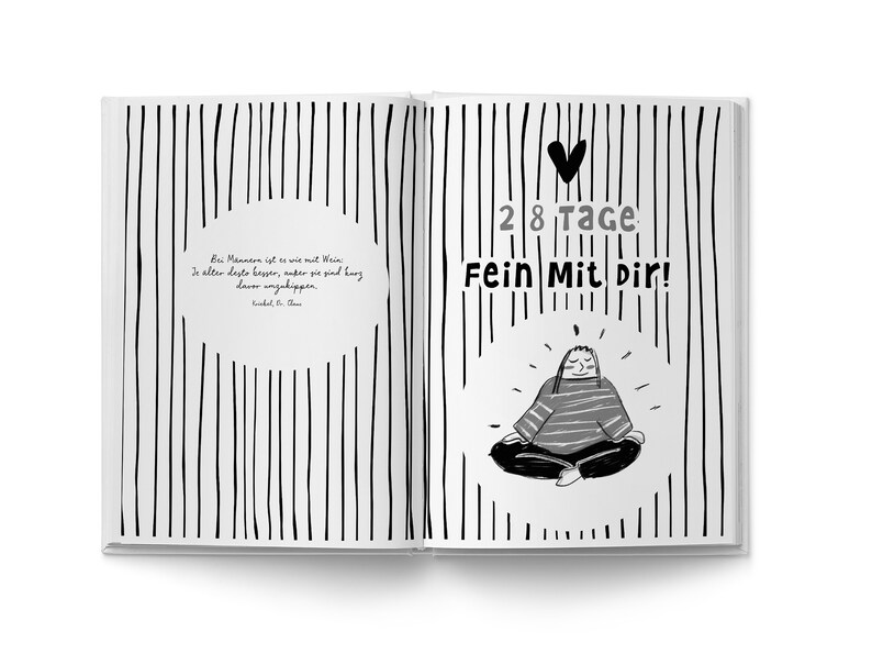 May include: A black and white illustration of a person sitting in a meditative pose with the text "28 Tage Fein Mit Dir!"  The illustration is on a white background with black vertical lines.