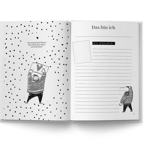 May include: A black and white illustration of a person drawing a heart on a wall. The text "And sometimes happiness whispers, 'You're next!'", is written in black. The page is filled with small black dots.