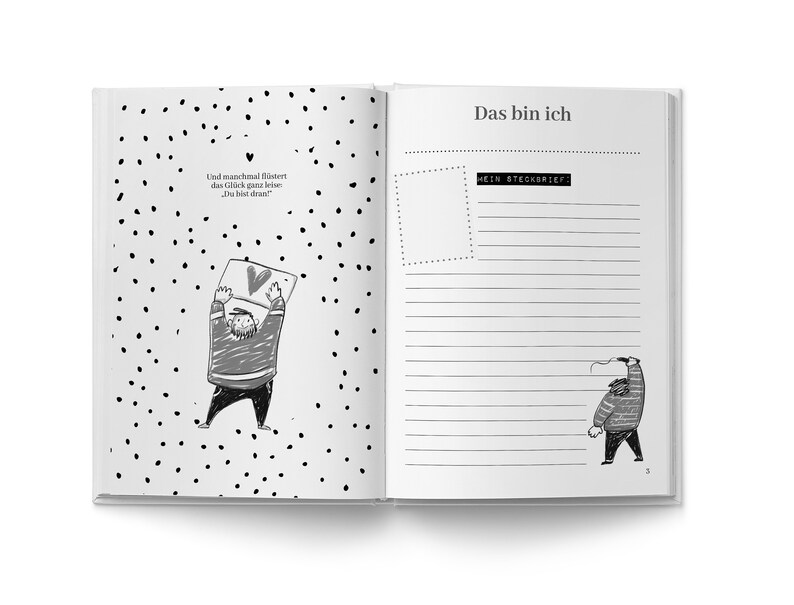 May include: A black and white illustration of a person drawing a heart on a wall. The text "And sometimes happiness whispers, 'You're next!'", is written in black. The page is filled with small black dots.