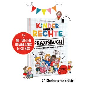 May include: A book titled Kinder Haben Rechte Praxisbuch with a grid-patterned cover featuring colorful illustrations of diverse children, a red circular badge with white text, and a string of colorful triangular bunting at the top.