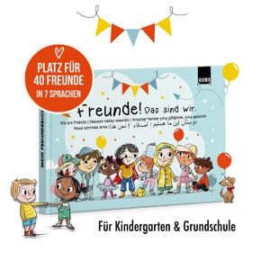 Puede incluir: Un libro de amistad azul claro titulado Freunde! das sind wir. con ilustraciones de diversos niños y un perro pequeño. La portada incluye banderines coloridos, globos y el texto Platz für 40 Freunde in 7 Sprachen y Für Kindergarten & Grundschule.