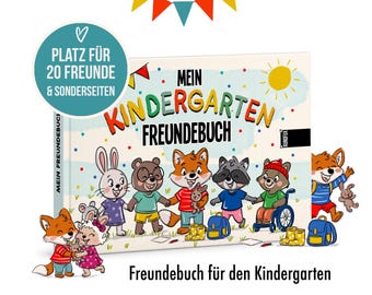 May include: A hardcover book titled Mein Kindergarten Freundbuch featuring colorful illustrations of cartoon animals including a rabbit, bear, fox, and raccoon. A teal circular badge states Platz für 20 Freunde & Sonderseiten.
