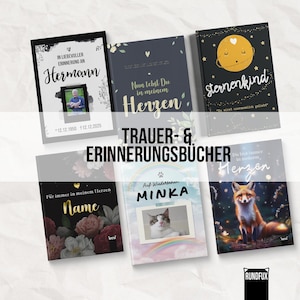 Puede incluir: Una colección de libros conmemorativos con varios diseños y textos. Los libros presentan imágenes, texto e ilustraciones florales o de animales. El texto incluye frases como "En memoria cariñosa" y "Para siempre en mi corazón."