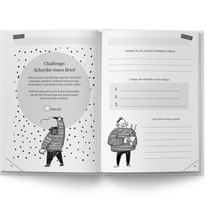 May include: A black and white illustration of a person writing a letter. The text in the image reads "Challenge: Write a letter". The illustration is surrounded by a dotted pattern.