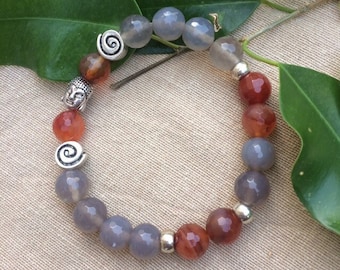 Beaded bracelet agate & carnelian, Buddha, real gemstones