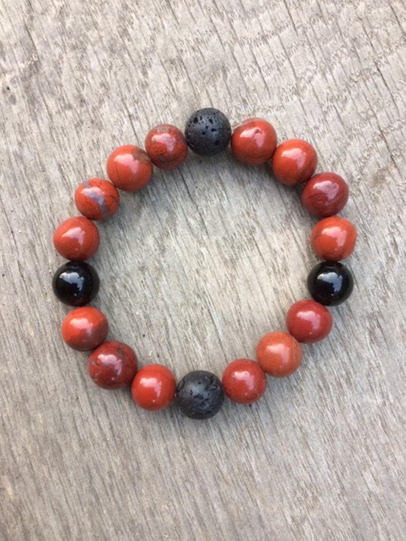 Men/'s Bracelet Red Black 12mm Energy Bracelet Jasper Lava Onyx Chakra Bracelet Gift Idea Men