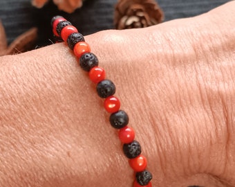 Pulsera de lava con cuentas de ágata, cuentas de 4 mm, pulsera negra y roja, regalo