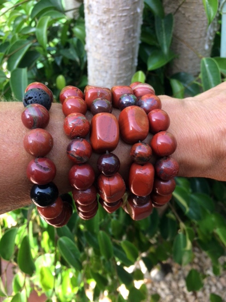 Men/'s Bracelet Red Black 12mm Energy Bracelet Jasper Lava Onyx Chakra Bracelet Gift Idea Men