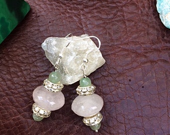 Rose quartz & aventurine earrings, real silver gemstone earrings