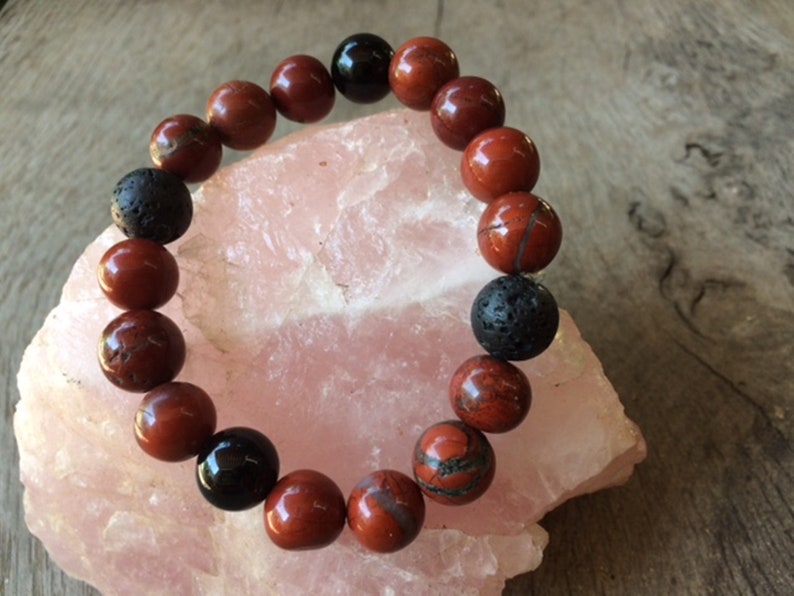 Men/'s Bracelet Red Black 12mm Energy Bracelet Jasper Lava Onyx Chakra Bracelet Gift Idea Men