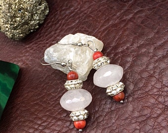 Rose quartz & coral earrings, gemstone hanging earrings