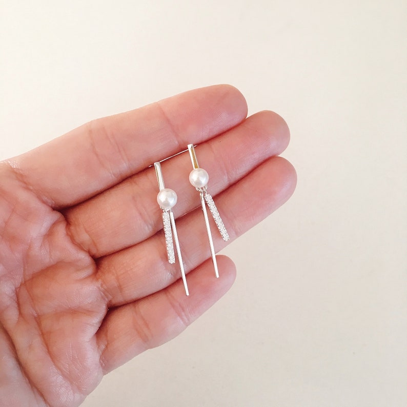 Swinging Crystal Stick with Pearl Earrings Sterling silver earrings for women Silver earrings Silver jewelry Sterling silver earrings dangle
