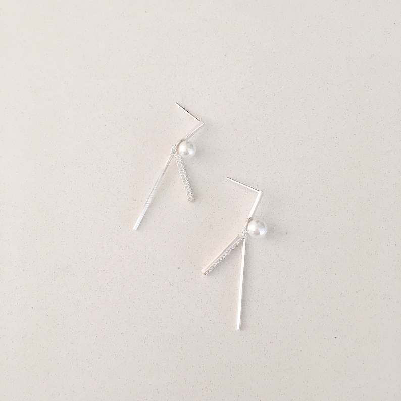 Swinging Crystal Stick with Pearl Earrings Sterling silver earrings for women Silver earrings Silver jewelry Sterling silver earrings dangle