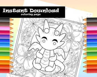 Kawaii Dragon Adult Kids Coloring Page, Cute Mythical Creature Coloring, Floral, Flowers