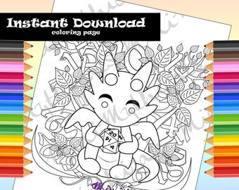 Kawaii Dice Dragon Adult Kids Coloring Page, Cute Mythical Creature Coloring, RPG