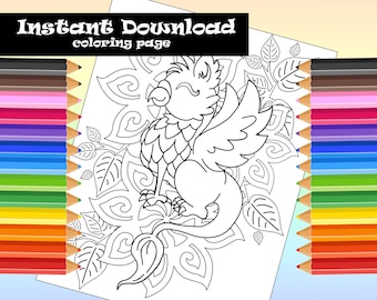 Happy Little Griffin Adult Coloring Page, Cute Mythical Creature Gryphon Coloring