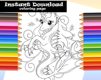 NEW Hippocampus Adult Coloring Page, Cute Mythical Mermaid Horse Coloring