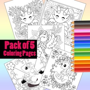 MiniMythicals Adult Kids Coloring Page Pack of 5, Cute Mythical Creature Coloring, Dragon, Griffin, Kawaii