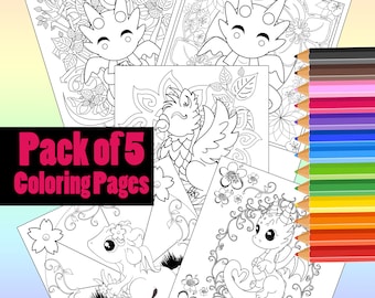 MiniMythicals Adult Kids Coloring Page Pack of 5, Cute Mythical Creature Coloring, Dragon, Griffin, Kawaii