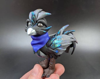 Polymer Clay Chocobo Raven - Cute Black Fantasy Sculpture OOAK Hand Made Free Shipping