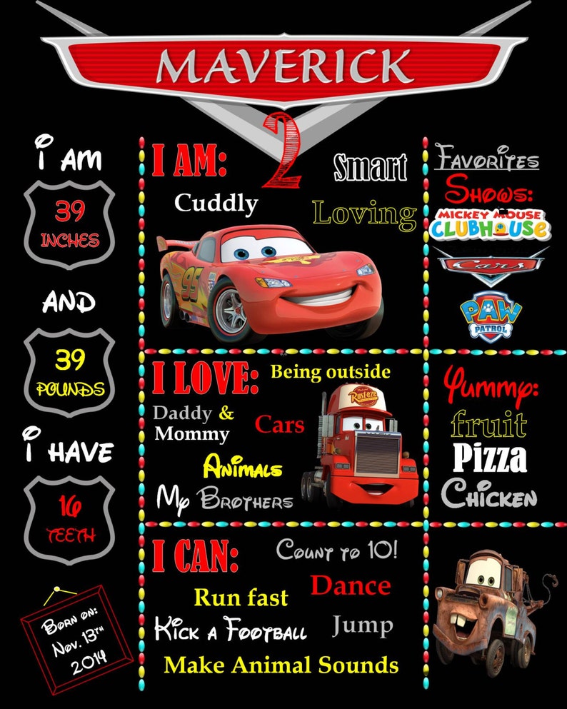 Disney Cars Birthday Chalkboard Poster Etsy
