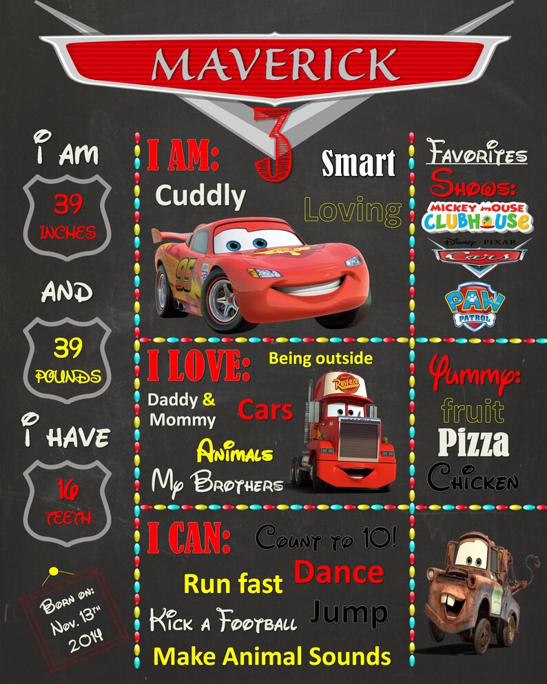 Disney Cars Birthday Chalkboard Poster Etsy