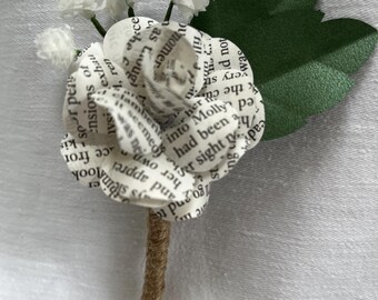 Handmade Paper Flower Buttonhole, Wedding Boutonniere, Book Page Flower
