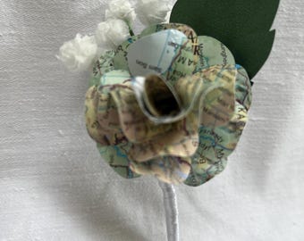 Handmade Paper Flower Buttonhole, Wedding Boutonniere, Map Book Page Flower