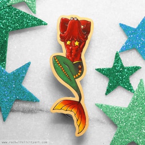 Don&#39;t Hug Me I&#39;m Scared Red Guy Merman Pin Badge, DHMIS Art