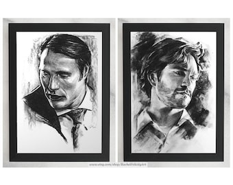 Hannibal and Will Graham Art Print Set, Hannigram Prints, Mads Mikkelsen and Hugh Dancy Drawings