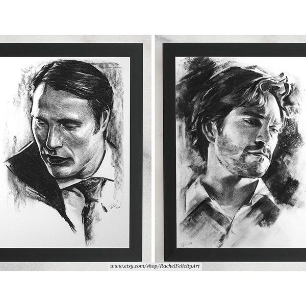 Hannibal and Will Graham Art Print Set, Hannigram Prints, Mads Mikkelsen and Hugh Dancy Drawings