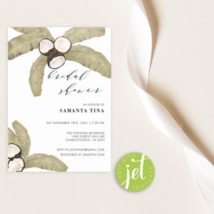 Tropical bridal shower invitation, Printable Bridal shower invitation, Coconut invitation, Beach wedding invitation, Editable Bridal shower