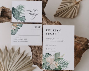 Tropical Wedding Invitation Template, Destination Beach Wedding, Tropical Palm Leaves, Wedding Suite, Editable Template, Invitation PDF