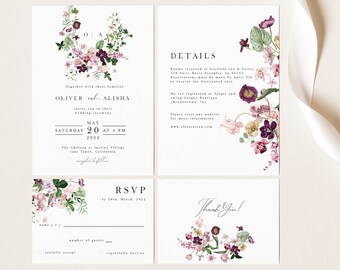 Monogram Wedding Invitation Template, Purple Wedding Invitation Template Download, Printable floral Wedding Invitation, Editable invitation
