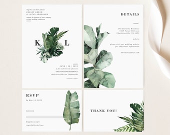 Wedding Invitation Template, Tropical Wedding Invite, Printable Invitation set, Editable, Destination Beach Wedding, Tropical Palm Leaves