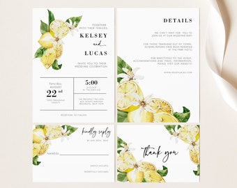 Wedding Invitation Template, Lemon wedding invitation, Printable wedding invitation suite, Citrus invitation, Editable lemon floral invite