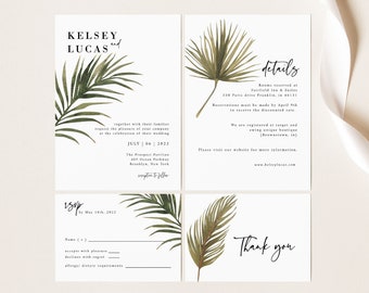 Tropical Wedding Invitation Template, Destination Beach Wedding, Tropical Palm Leaves, Wedding Suite, Editable Template, Printable invite