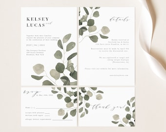Boho Wedding Invitation Set, Eucalyptus Wedding Invites, Printable Wedding Invitation Template, Editable invitation, Greenery invitation